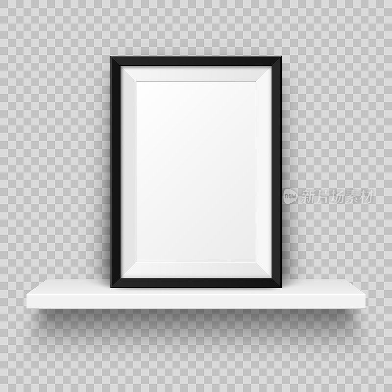 Realistic wall shelf with empty picture frame. Poster mockup for design. Vector Illustration